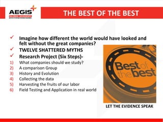THE BEST OF THE BEST

 Imagine how different the world would have looked and
  felt without the great companies?
 TWELVE SHATTERED MYTHS
 Research Project (Six Steps)-
1)   What companies should we study?
2)   A comparison Group
3)   History and Evolution
4)   Collecting the data
5)   Harvesting the fruits of our labor
6)   Field Testing and Application in real world


                                                   LET THE EVIDENCE SPEAK
 
