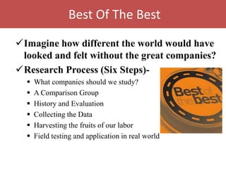 Best Of The Best

Imagine how different the world would have
 looked and felt without the great companies?
Research Process (Six Steps)-
     What companies should we study?
     A Comparison Group
     History and Evaluation
     Collecting the Data
     Harvesting the fruits of our labor
     Field testing and application in real world
 