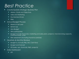 Best Practice
   Create/Update Strategic Business Plan
        Mission, Goals and Objectives
        Sales and Marketing
        Key Business Drivers
        Risks
   Annual Budget Process
        Based on last year
        Bottom Up
        Zero Budget
        Who participates
        Budget includes financials, marketing and sales plans, projects, manufacturing capacity, inventory
         levels, other
        Risk assessment (including insurance policies)
   Quarterly & Monthly Reviews
        Budget vs. Actuals (P&L, B/S, Cash-flow)
        Budget and forecast
        KPI (sales, ops, financials, R&D, projects)
   Daily Dashboard
        KPI
 