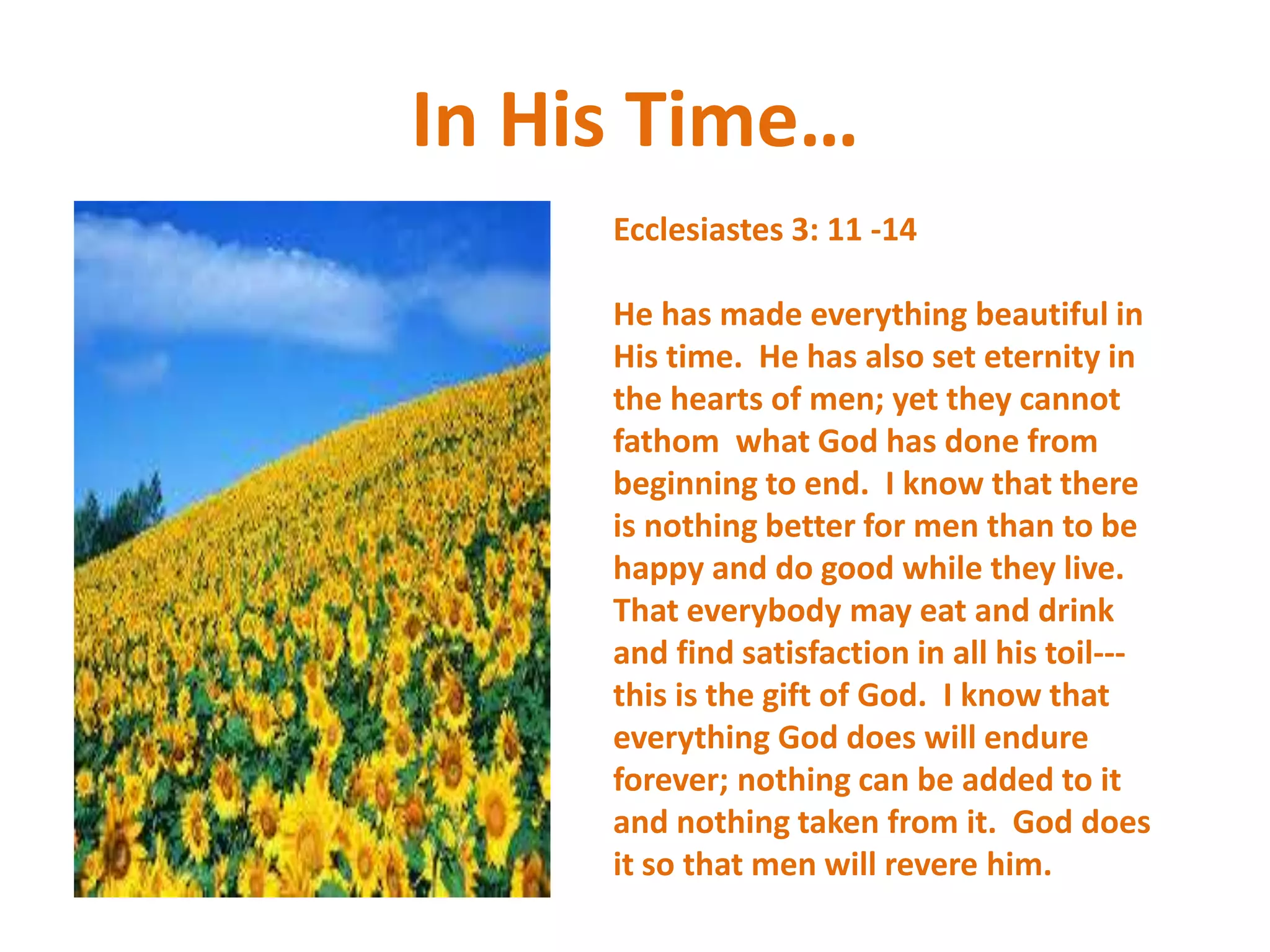 In His Time…
Ecclesiastes 3: 11 -14
He has made everything beautiful in
His time. He has also set eternity in
the hearts of men; yet they cannot
fathom what God has done from
beginning to end. I know that there
is nothing better for men than to be
happy and do good while they live.
That everybody may eat and drink
and find satisfaction in all his toil---
this is the gift of God. I know that
everything God does will endure
forever; nothing can be added to it
and nothing taken from it. God does
it so that men will revere him.
 