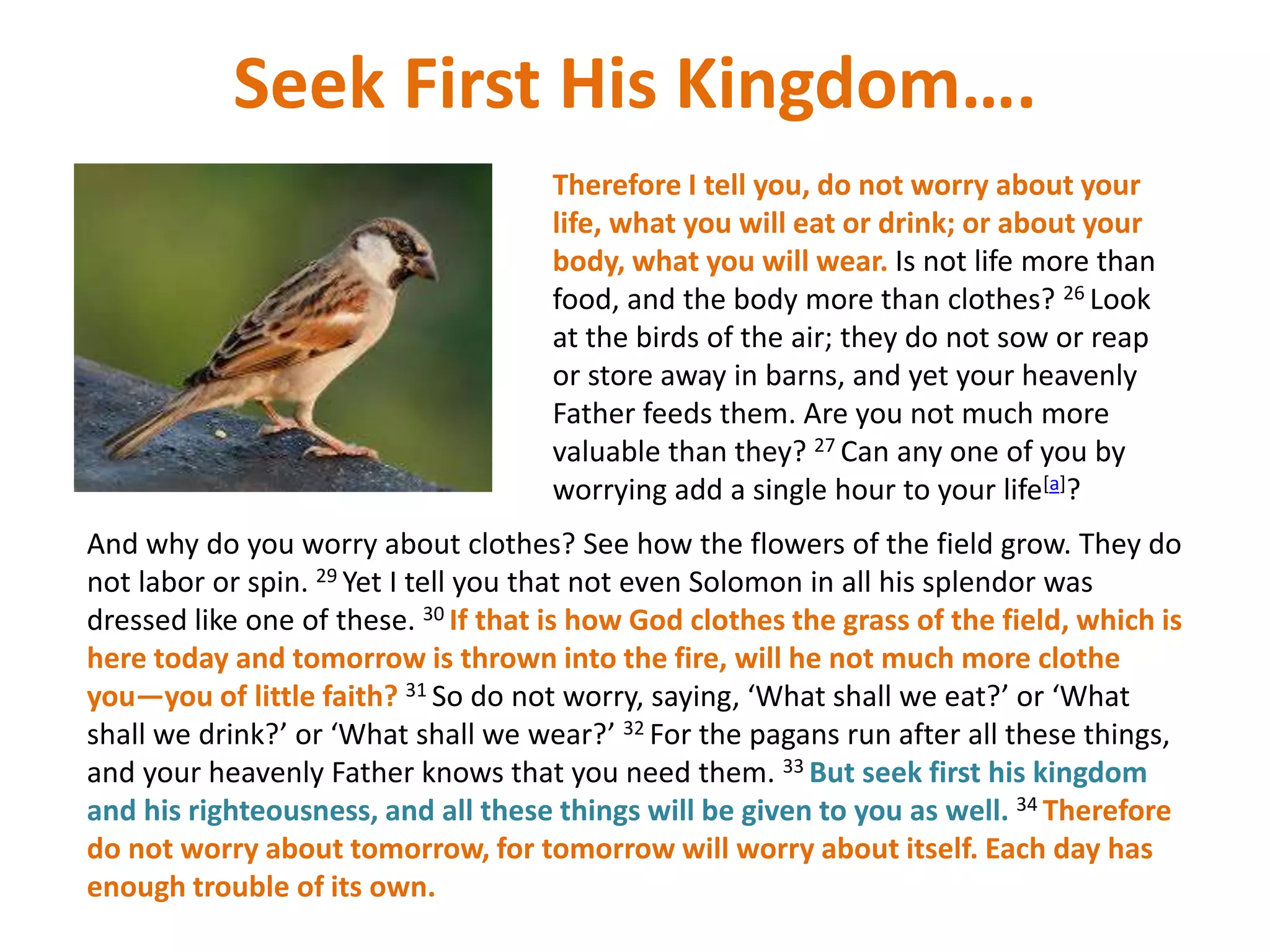 Seek First His Kingdom….
Therefore I tell you, do not worry about your
life, what you will eat or drink; or about your
body, what you will wear. Is not life more than
food, and the body more than clothes? 26 Look
at the birds of the air; they do not sow or reap
or store away in barns, and yet your heavenly
Father feeds them. Are you not much more
valuable than they? 27 Can any one of you by
worrying add a single hour to your life[a]?
And why do you worry about clothes? See how the flowers of the field grow. They do
not labor or spin. 29 Yet I tell you that not even Solomon in all his splendor was
dressed like one of these. 30 If that is how God clothes the grass of the field, which is
here today and tomorrow is thrown into the fire, will he not much more clothe
you—you of little faith? 31 So do not worry, saying, ‘What shall we eat?’ or ‘What
shall we drink?’ or ‘What shall we wear?’ 32 For the pagans run after all these things,
and your heavenly Father knows that you need them. 33 But seek first his kingdom
and his righteousness, and all these things will be given to you as well. 34 Therefore
do not worry about tomorrow, for tomorrow will worry about itself. Each day has
enough trouble of its own.
 