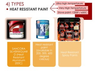 4) TYPES
 HEAT RESISTANT PAINT
SANCORA
SILVER@GUAR
D (Heat
Resistant
Aluminum
200C)
Heat resistant
paint
(available in
200, 300, 600
degree
celcius)
Heat Resistant
Spray Paints
Ultra high tempertarure
Very High Tempertature
Stove paint -1200F / 650C
 