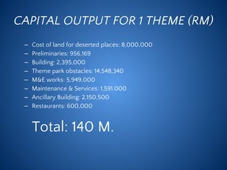 CAPITAL OUTPUT FOR 1 THEME (RM)
– Cost of land for deserted places: 8,000,000
– Preliminaries: 956,169
– Building: 2,395,000
– Theme park obstacles: 14,548,340
– M&E works: 5,949,000
– Maintenance & Services: 1,591.000
– Ancillary Building: 2,150,500
– Restaurants: 600,000
Total: 140 M.
 