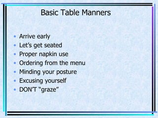 Basic Table Manners Arrive early Let’s get seated Proper napkin use Ordering from the menu Minding your posture Excusing yourself DON’T “graze” 