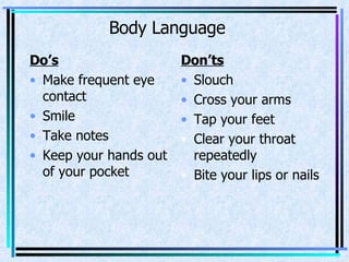 Body Language <ul><li>Do’s </li></ul><ul><li>Make frequent eye contact </li></ul><ul><li>Smile </li></ul><ul><li>Take note...