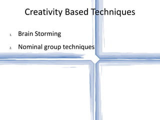 Creativity Based Techniques Brain Storming Nominal group techniques 