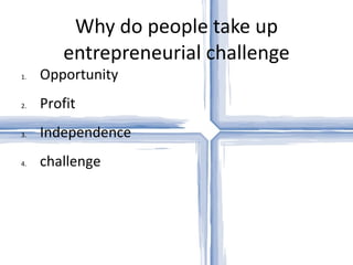 Why do people take up entrepreneurial challenge Opportunity Profit Independence challenge 