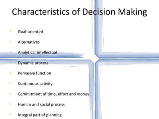 Characteristics of Decision Making Goal-oriented Alternatives Analytical-intellectual Dynamic process Pervasive function Continuous activity Commitment of time, effort and money Human and social process Integral part of planning 