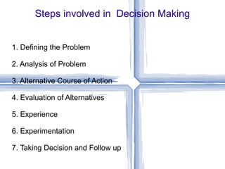 Steps involved in  Decision Making 1. Defining the Problem 2. Analysis of Problem 3. Alternative Course of Action 4. Evaluation of Alternatives 5. Experience 6. Experimentation 7. Taking Decision and Follow up  