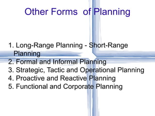 Other Forms of Planning


1. Long-Range Planning - Short-Range
  Planning
2. Formal and Informal Planning
3. Strategic, Tactic and Operational Planning
4. Proactive and Reactive Planning
5. Functional and Corporate Planning
 