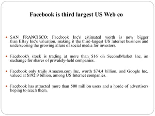 Facebook is third largest US Web co
 SAN FRANCISCO: Facebook Inc's estimated worth is now bigger
than EBay Inc's valuation, making it the third-largest US Internet business and
underscoring the growing allure of social media for investors.
 Facebook's stock is trading at more than $16 on SecondMarket Inc, an
exchange for shares of privately-held companies.
 Facebook only trails Amazon.com Inc, worth $74.4 billion, and Google Inc,
valued at $192.9 billion, among US Internet companies.
 Facebook has attracted more than 500 million users and a horde of advertisers
hoping to reach them.
 