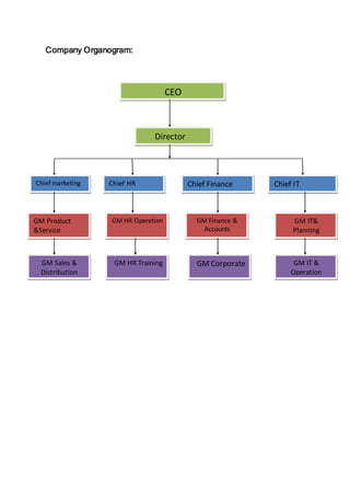 Company Organogram:
CEO
Director
Chief marketing Chief HR Chief Finance Chief IT
GM Product
&Service
GM Sales &
Distribution
GM HR Training GM Corporate GM IT &
Operation
GM HR Operation GM Finance &
Accounts
GM IT&
Planning
 