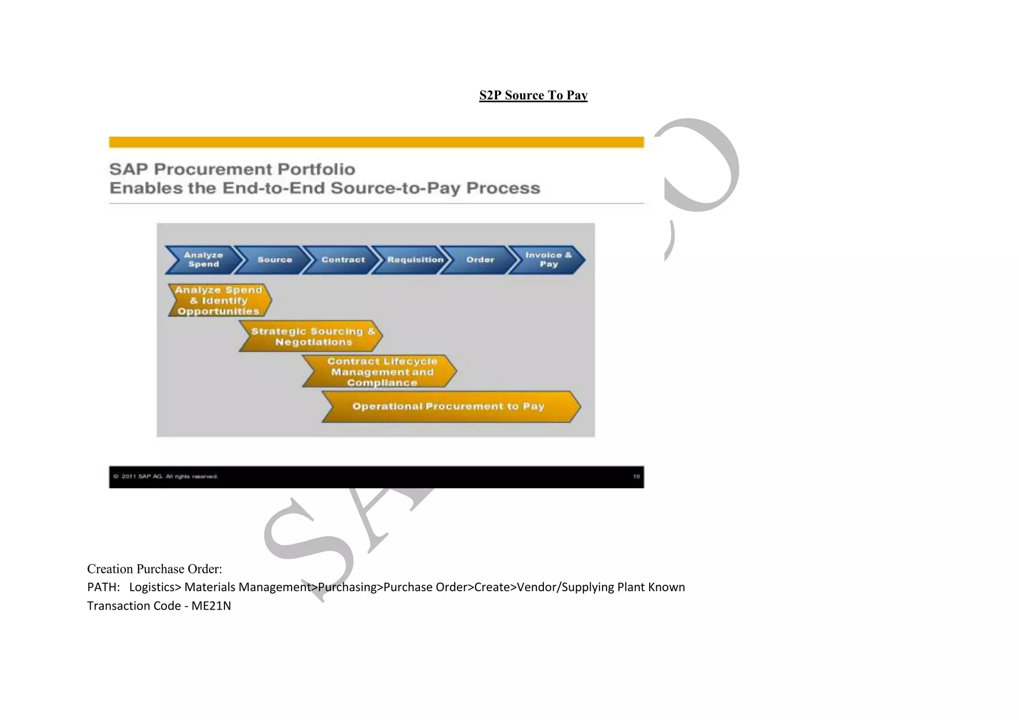 S2P Source To Pay
Creation Purchase Order:
PATH: Logistics> Materials Management>Purchasing>Purchase Order>Create>Vendor/Supplying Plant Known
Transaction Code - ME21N
 