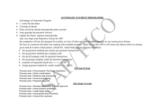 AUTOMATIC PAYMENT PROGRAMME.
Advantages of Automatic Program
 1. verify the due dates
 2.Issuing of checks
 Entry record & cleared automatically party account.
 Auto generate the payment Advices.
 Update the Check registers automatically
only very large scale Industries will go for APP
the companies will run this program for weekly, or every 10 days on night schedules because we use system given format.
We have to customize the bank wise ranking with available amounts. When we run this APP it will issues the checks which we already
given rank & it shows which parties ,which bill , which bank is going to issues the checks.
 Set up payment methods per country per payment transactions.
 Set up payment methods per company code
 Set up all company code for payment transactions
 Set up paying company codes for payment transactions
 creations of sequential check lots----------- FCHI
 Assign payment method for vendor master------- XK02 .
P2P End TO End.
Process area > Procurement / Purchase requisition
Process area > Order confirmation
Process area > Delivery note processing
Process area > Invoice processing
Process area > Payment approval
O2C.Order To Cash.
Process area > Develop sales order & obtain approval
Process area > check product availability
Process area > create sales order
Process area > issue goods from inventory
Process area > invoice the customer.
 