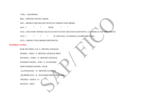 VNG---- SCRAPPING
BSA--- OPENING STOCK TAKING
ZOF--- PRODUCTION RECEIPT WITH OUT PRODUCTION ORDER
AUF--- " " " WITH " "
VAX--- DELEVERY WHERE SALES ACCOUNT IS NOT CREATED AS REVENUE { CO MODULE NOT IMPLEMENT}
VAY--- " " " " IS CREATED { CO MODULE IS IMPLEMENTED}
AUA--- PRODUCTION ORDERS DIFFERNCES
MATERIAL TYPES:
RAW MATERIAL O.H: V- MOVING AVERAGE
SPARES--- ERSA-- V- MOVING AVERAGE PRICE
PACKING--- VERP--- V- MOVING AVERAGE
FINISHED GOODS--- FERT-- S- STANDARD
SEMI FINISHED GOODS-- HALB
(A) PURCHASE--- V-- MOVING AVERAGE
(B) PRODUCED--- S-- STANDARD PRICE [RMC+OH]
TRADED--- HAWA-- V --
SEVICES--- DIEN.
 
