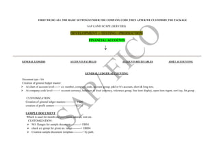 FIRST WE DO ALL THE BASIC SETTINGS UNDER THE COMPANY CODE THEN AFTER WE CUSTOMIZE THE PACKAGE
SAP LAND SCAPE (SERVERS)
DEVELOPMENT > TESTING >PRODUCTION
FINANCIAL ACCOUNTS

--------------------------------------------------------------------------------------------------------------------------------------------------------------------------------------------------------------------------
GENERAL LEDGERS ACCOUNTS PAYBELES ACCOUNTS RECEIVABLES ASSET ACCOUNTING
GENERAL LEDGER ACCOUNTING
Document type-- SA
Creation of general ledger master:
 At chart of account level-----> a/c number, company code, account group, p&l or b/s account, short & long text.
 At company code level-------> account currency, balances in local currency, tolerance group, line item display, open item mgmt, sort key, fst group .
CUSTOMIZATION:
Creation of general ledger masters----------> FS00
creation of profit centers---------------------> KE51
SAMPLE DOCUMENT
Which is used for month end provisions salaries, rent etc.
CUSTOMIZATION:
 NO. Ranges for sample document----------> FBN1
 check a/c group for given no. range---------> OBD4
 Creation sample document template----------> by path.
 