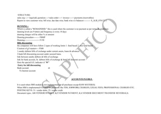 STRUCTURE:
sales org----> inquiry& quotation---->sales order----> invoice-----> payments.(receivables)
Repots to view customer wise, bill wise, due date wise, bank wise o/s balances---------- S_ALR_87012213
DUNNING :
Which is called a "REMAINDER " this is used where the customer is no payment as per terms & conditions
dunning levels are 9 letters and frequency is every 10 days
dunning charges will be either % or amount
Dunning procedure-------- FBMP
Dunning--------------------- F150
Bills discounting
the companies will have follow 2 types of working limits 1. fund based 2. non fund based
Creation of g/l masters--- FS00
1.sundry debtors bills of exchange under current assets, loans & advances
2.bank bill discounting account under secured loans.
link between sundry debtors & bills of exchange
link for bank account, Sr. debtors bills of exchange & bank bill discount account
Here the special G/L indicator is" W"
Entry for bill discounting
Bank account dr
To Inertest account
ACCOUNTS PAYBLE .
It is used where MM module is not implemented for all purchases except RAW MATERIAL
When MM is implemented It is used for payments like TDS, JOBWORK CHARGES, LEGAL FEES, PROFESSIONAL CHARGES ETC.
POSTING KEYS: 31- vendor debit, 25- vendor credit
Document types ; KR:VENDOR INVOICE, KZ:VENDOR PAYMENT, KA:VENDOR DOCUMENT TRANSFER/ REVERSALS.
 