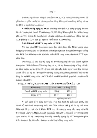 Trang 55
Bước 6: Người mua hàng sẽ chuyển về TCB, TCB sẽ thu phần ứng trước, lãi
phát sinh và phần còn lại trả lại công ty bán hàng, khi người mua hàng không trả nợ
thì TCB sẽ gửi thông báo đòi nợ.
Về mức phí áp dụng tại TCB: hiện nay mức phí TCB đang áp dụng phí thu
hộ các khoản phải thu từ 20,000 đồng- 50,000 đồng/ khoản phải thu. Nhìn chung
phí của TCB tương đối thấp hơn so với các ngân hàng trên địa bàn. Chẳng hạn tại
ACB phí này là 0,5% trên giá trị BTT và tối thiểu 500,000 đồng.
2.3.1.3 Doanh số BTT trong nước tại TCB
Với quy trình BTT trong nước được ban hành, bước đầu đã tạo khung hành
lang pháp lý chung cho các chi nhánh thực hiện một cách thống nhất trong hệ thống
của TCB. Sau khi được triển khai sản phẩm BTT trong nước, doanh số BTT ngày
càng tăng.
Qua bảng 2.7 cho thấy tỷ trọng tài trợ thương mại cho các doanh nghiệp
trong năm 2006 chiếm 44,5% trong tổng dư nợ tài trợ doanh nghiệp. Cùng với tốc
độ tăng trưởng dư nợ trên 50% trong mỗi năm cho thấy triển vọng tăng trưởng
doanh số và dư nợ BTT trong nước sẽ tăng trưởng trong những năm tới. Sau đây là
bảng dư nợ BTT trong nước của TCB kể từ sau khi ban hành quy định cho đến cuối
tháng 6 năm 2007.
Bảng 2.8: DƯ NỢ BAO THANH TOÁN TRONG NƯỚC CỦA TCB
Khoản mục Năm 2006 6 tháng 2007
Doanh số BTT trong nước 138 tỷ 430 tỷ
Dư nợ BTT 50 tỷ 239 tỷ
Nguồn nội bộ TCB
Vì quy định BTT trong nước của TCB ban hành từ cuối năm 2006, nên
doanh số bao thanh toán trong nước năm 2006 chỉ đạt 138 tỷ và dư nợ cuối năm
2006 đạt 50 tỷ, chủ yếu là khoản BTT cho các công ty cung cấp trong siêu thị
Coopmart, Big C và Metro. Sang 6 tháng đầu năm 2007, doanh số BTT trong nước
đạt 430 tỷ và dư nợ 239 tỷ đồng, điều này cho thấy nghiệp vụ BTT trong nước phát
triển nhanh và thể hiện nhu cầu thực sự của khách hàng trong nước.
 