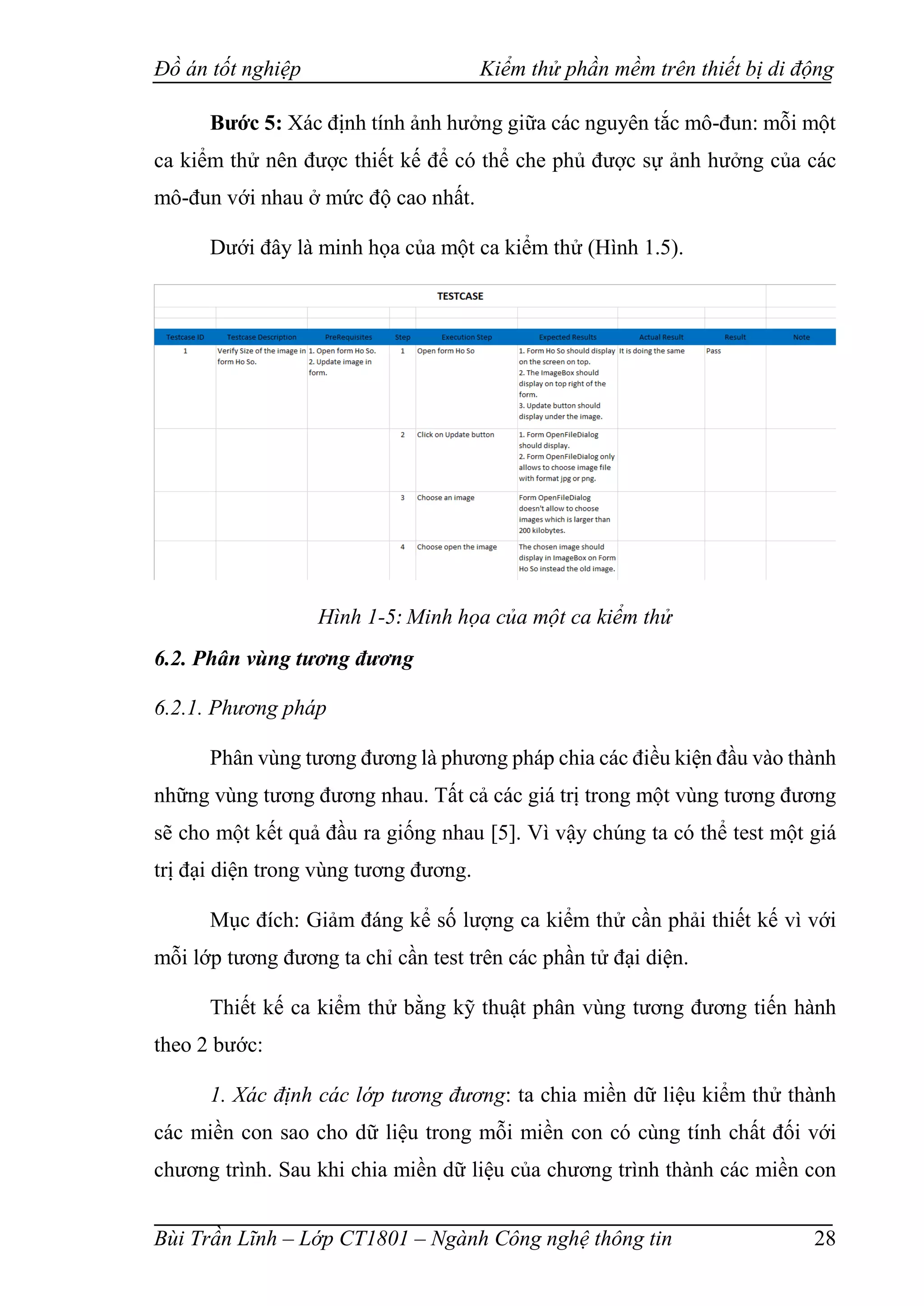 Đồ án tốt nghiệp Kiểm thử phần mềm trên thiết bị di động
Bùi Trần Lĩnh – Lớp CT1801 – Ngành Công nghệ thông tin 28
Bước 5: Xác định tính ảnh hưởng giữa các nguyên tắc mô-đun: mỗi một
ca kiểm thử nên được thiết kế để có thể che phủ được sự ảnh hưởng của các
mô-đun với nhau ở mức độ cao nhất.
Dưới đây là minh họa của một ca kiểm thử (Hình 1.5).
Hình 1-5: Minh họa của một ca kiểm thử
6.2. Phân vùng tương đương
6.2.1. Phương pháp
Phân vùng tương đương là phương pháp chia các điều kiện đầu vào thành
những vùng tương đương nhau. Tất cả các giá trị trong một vùng tương đương
sẽ cho một kết quả đầu ra giống nhau [5]. Vì vậy chúng ta có thể test một giá
trị đại diện trong vùng tương đương.
Mục đích: Giảm đáng kể số lượng ca kiểm thử cần phải thiết kế vì với
mỗi lớp tương đương ta chỉ cần test trên các phần tử đại diện.
Thiết kế ca kiểm thử bằng kỹ thuật phân vùng tương đương tiến hành
theo 2 bước:
1. Xác định các lớp tương đương: ta chia miền dữ liệu kiểm thử thành
các miền con sao cho dữ liệu trong mỗi miền con có cùng tính chất đối với
chương trình. Sau khi chia miền dữ liệu của chương trình thành các miền con
 
