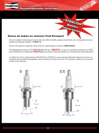 130
Catálogo de Bujías Champion 2009
Recomendaciones Generales
RS9YCC
RS9YCC
¡ ATENCIÓN !BoletínImportante
Regresar a Índice
 