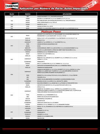 66
Catálogo de Bujías Champion 2009
Aplicación por Número de Parte: Autos Importados
BUJÍA MARCA APLICACIÓN
7034 JEEP GRAND WAGONEER 4.0 Lts.,WAGONEER,WRANGLER.
7318
HONDA ACCORD 2.2 Lts.PRELUDE 2.2 y 2.3 Lts.,ODISSEY 2.2 ,2.3 y 3.5 Lts.
MAZDA 626 TURBO,626 MPFI, 929, MILENIA,MX6,PROTEGE 1.5 Lts., B2600,MPV,NAVAJO.
NISSAN 240SX, AXXES,STANZA 2.4 Lts., PICK UP.
7436 DODGE DAKOTA 3.0 Lts. 97.
7963 FORD CROWN VICTORIA 4.6 Lts. 96-99
7940 BUICK LESABRE 3.8 Lts.88-95,PARK AVENUE 3.8 Lts.,SKYLARK 3.1 Lts.,FLEETWOOD 4.6 Lts.
3013
BUICK
CENTURY 3.3 Lts.,ELECTRA 3.8 Lts. 88-90,LESABRE 3.8 Lts. 88-95,PARK AVENUE 91-95
ROADMASTER 5.7 Lts. 94-96,SKYLARK 2.3, 2.4,3.1 y 3.3 Lts.
CADILLAC DEVILLE 4.1,4.5 y 4.9 Lts.,ELDORADO 4.1 Lts.,FLEETWOOD 4.1, 4.5, 4.6 ,4.9 y 5.7 Lts.
3013
CADILLAC SEVILLE 4.1 Lts.
CHEVROLET CAMARO 5.7 Lts.,CAPRICE 4.3 y 5.7 Lts.CORVETTE 5.7 Lts.
FORD CROWN VICTORIA 92-95,MUSTANG 94-95
MAZDA B4000.
MERCURY GRAND MARQUIS,,TEMPO 2.3 Lts.88-93,TOPAZ 2.3 Lts. 89-93,MOUNTAINEER 5.0 Lts.
OLDSMOBILE CALAIS 3.3 Lts,DELTA 88(VIN C), ROYALE 88, NINETY EIGHT 88-96.CIERA 3.3 Lts.
PONTIAC BONNEVILLE 3.8 Lts. TRANSPORT 3.8 Lts.
3015
BUICK CENTURY 2.8 Lts.SKYHAWK 2.0 Lts.
CADILLAC CIMARRON 87-88.
CHEVROLET
BERETTA 2.0 Lts, CAVALIER 2.0 Lts. CELEBRITY 2.8 y 3.1 CORSICA 2.0, 2.2 y 2.8 Lts.
LUMINA 3.1 y 3.4 Lts.
OLDSMOBILE FIRENZA(VIN 1)
PONTIAC 6000 3.1 Lts,GRAND PRIX 2.8 y 3.1 Lts.,TEMPEST 2.0 , 2.2 y 3.1 Lts.
3018
BUICK CENTURY83-92,ROADMASTER,SKYLARK 2.5 Lts.,SOMERSEAT REGAL.
CADILLAC CIMARRON 85-86,BROUGHAM.
CHEVROLET
CAMARO 84-86,CAPRICE 4.3 5.0 y 5.7Lts.,CELEBRITY 2.5 y 2.8 Lts.,CITATION 2.5 y 2.8Lts.
LUMINA 2.5 Lts.,SERIE 50,60 Y 70,ASTRO 2.5 y 4.3 Lts,BLAZER,SERIES C10,C20,G-10
SERIES K10,20,LUMINA APV,SERIES P30,P60,SERIES S y T
FORD BRONCO 5.0 y 5.8 Lts.,Series F150 4.9,5.0 y 5.8 Lts.,F200/250 5.0 y 7.5 Lts.,F300/350
GEO TRACKER 2.8 Lts.
GMC SERIES C15,C25,JIMMY,SERIES K15,25,SERIES S-15,SAFARI,SONOMA,YUCON.
OLDSMOBILE BRAVADA,CALAIS 2.5 Lts.CIERA 2.5 Lts. SILHOUETTE, OMEGA
PONTIAC 6000,FIERO,FIREBIRD 2.5 Lts.,GRAND AM 2.5 Lts,PHOENIX 84,TRANS SPORT 90-95.
3025
BUICK CENTURY 82-93,CENTURY 3.0 y 3.8 Lts.,ELECTRA 85,SKYLARK 2.5 Lts.
CADILLAC DEVILLE 4.1 Lts.
CHEVROLET
CAMARO 82--83,CAMARO 5.0 Lts., CAPRICE 4.3 Lts.,CELEBRITY 2.5 Lts. 85-90,
CITATION 82-83,IMPALA,CORVETTE 5.7 Lts.,MONTECARLO,SERIES 50,60 y 70,ASTRO 85-86
CABALLERO,SERIES C20,C30,G30,K20,K30,P30,P60.
FORD MUSTANG 5.0 Lts.,THUNDERBIRD 5.0 Lts.
GMC SERIES C25,C35,K25,K35,P35,SAFARI 86-87.
LINCOLN CONTINENTAL 83-85,MARK VII.
MERCURY COUGAR 83-85.
OLDSMOBILE CIERA 82-83, ROYALE 88 5.0 Lts. 92,OMEGA.
PONTIAC BONNEVILLE 4.3 Lts. FIREBIRD 5.0 y 5.7 Lts.,PARISIENNE,PHOENIX.
3031
CADILLAC DEVILLE 6.0 Lts., ELDORADO 6.0 Lts.,FLEETWOD 6.0 Lts.,SEVILLE 6.0 Lts.
CHRYSLER IMPERIAL.
DODGE CARAVAN 3.3 y 3.8 Lts.
OLDSMOBILE FIRENZA(VIN K.)
PLYMOUTH VOYAGER 3.3 y 3.8 Lts.
PONTIAC LEMANS 1.6 Lts.,SUNBIRD (VINK)
3034 DODGE DAKOTA 97-98.
Platinum Power
Regresar a Índice
 