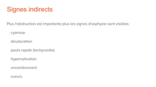 Signes indirects
Plus l'obstruction est importante plus les signes d'asphyxie sont visibles:
cyanose
desaturation
pouls rapide (tachycardie)
hypersalivation
encombrement
sueurs
 