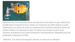 Quand la main du secouriste exerce une pression sur le ballon, le gaz contenu est
insufflé dans les poumons de la victime car la pression du ballon bloque la valve
d'admission. Les sorties de valve ou embouts sont maintenant standard évitant de
mettre le ballon à la place de la valve ! En dehors du masque on peut aussi
brancher directement une sonde d'intubation, de trachéotomie. Rappelons qu'il est
préférable d'interposer un filtre.
Attention: si on donne de trop gros volumes, la valve peut se bloquer
 
