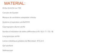 MATERIAL:
Ambu branché sur l'02
Canules de Guédel
Masque de ventilation adaptable à Ambu
Système d’aspiration vérifié!!!!!!!!!!!
Capnographe allumé vérifié
Sondes d’intubation de tailles différentes (n°6 / 6,5 / 7 / 7,5 / 8)
Laryngoscope vérifié
Lames métalliques jetables de Macintosh N°3 et 4
Gel lubrifiant
Stéthoscope
 