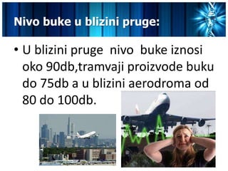 Nivo buke u blizini pruge:

• U blizini pruge nivo buke iznosi
  oko 90db,tramvaji proizvode buku
  do 75db a u blizini aerodroma od
  80 do 100db.
 