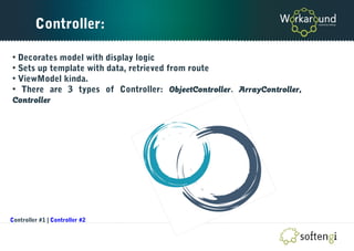 Controller:
• Decorates model with display logic
• Sets up template with data, retrieved from route
• ViewModel kinda.
• There are 3 types of Controller: ObjectController, ArrayController,
Controller
Controller #1 | Controller #2
 