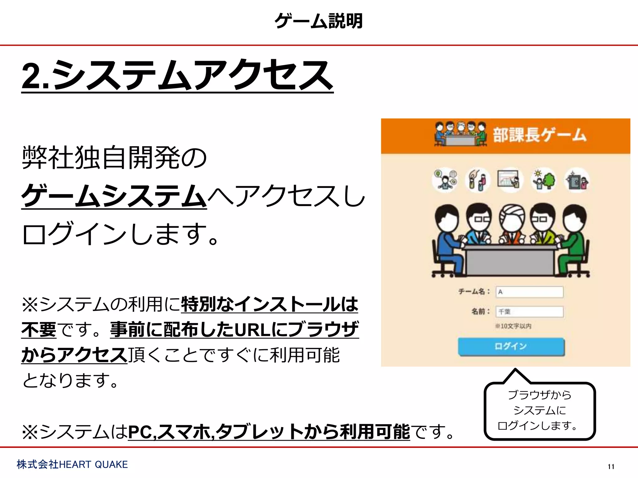 11
株式会社HEART QUAKE
ゲーム説明
2.システムアクセス
弊社独自開発の
ゲームシステムへアクセスし
ログインします。
※システムの利用に特別なインストールは
不要です。事前に配布したURLにブラウザ
からアクセス頂くことですぐに利用可能
となります。
※システムはPC,スマホ,タブレットから利用可能です。
ブラウザから
システムに
ログインします。
 