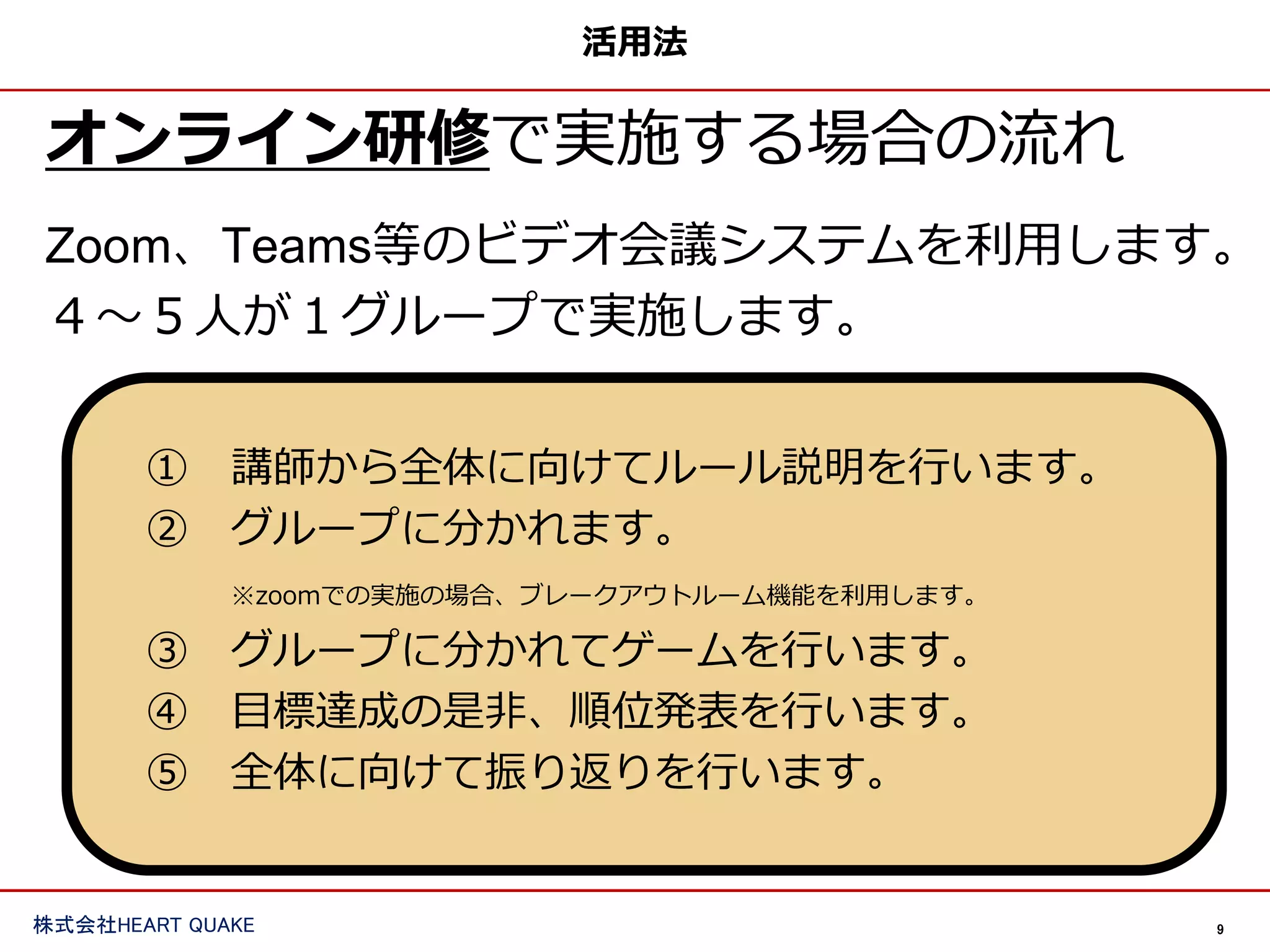 9
株式会社HEART QUAKE
活用法
オンライン研修で実施する場合の流れ
Zoom、Teams等のビデオ会議システムを利用します。
４〜５人が１グループで実施します。
① 講師から全体に向けてルール説明を行います。
② グループに分かれます。
※zoomでの実施の場合、ブレークアウトルーム機能を利用します。
③ グループに分かれてゲームを行います。
④ 目標達成の是非、順位発表を行います。
⑤ 全体に向けて振り返りを行います。
 