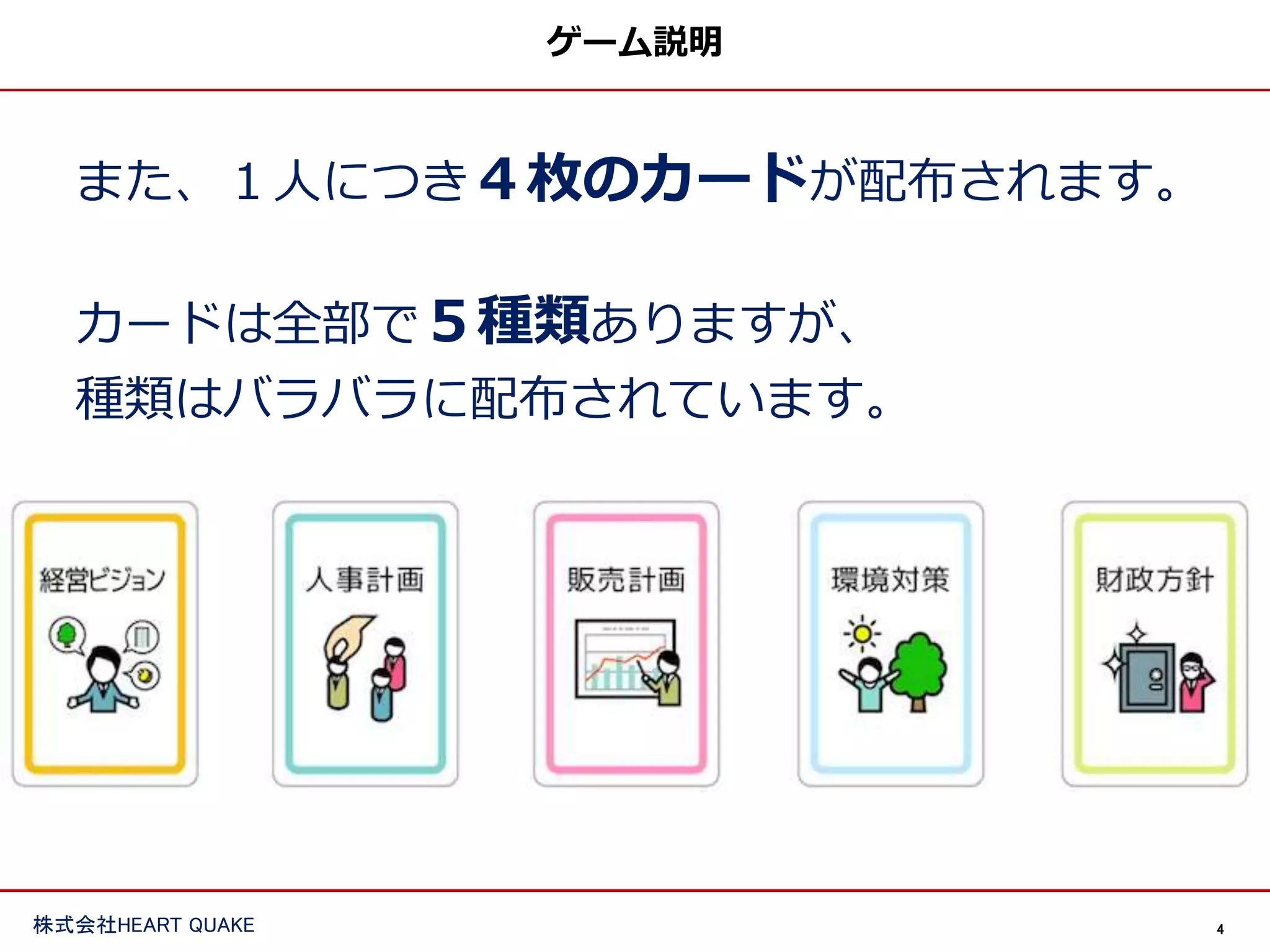 4
株式会社HEART QUAKE
ゲーム説明
また、１人につき４枚のカードが配布されます。
カードは全部で５種類ありますが、
種類はバラバラに配布されています。
 