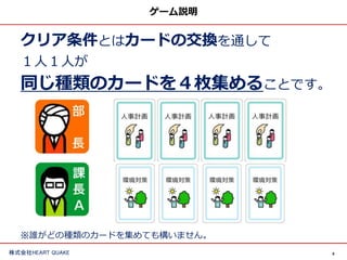 6株式会社HEART QUAKE
ゲーム説明
クリア条件とはカードの交換を通して
１人１人が
同じ種類のカードを４枚集めることです。
※誰がどの種類のカードを集めても構いません。
 