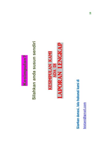 Kesimpulan?

                     Silahkan anda susun sendiri


                            Kesimpulan kami
                                       Ada di
                      laporan lengkap

Siapkan donasi, lalu hubungi kami di

biotani@gmail.com
                                                   19
 