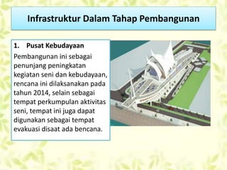 Infrastruktur Dalam Tahap Pembangunan
1. Pusat Kebudayaan
Pembangunan ini sebagai
penunjang peningkatan
kegiatan seni dan kebudayaan,
rencana ini dilaksanakan pada
tahun 2014, selain sebagai
tempat perkumpulan aktivitas
seni, tempat ini juga dapat
digunakan sebagai tempat
evakuasi disaat ada bencana.
 