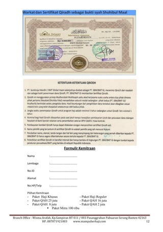 Formulir Kemitraan 
Nama :………………………………… 
Lembaga :………………………………… 
No.ID :………………………………… 
Alamat :………………………………… 
No.HP/Telp :………………………………… 
Pilihan Kemitraan 
- Paket Haji Khusus - Paket Haji Reguler 
- Paket QAH 25 juta - Paket QAH 16 juta 
- Paket QAH 8 juta - Paket QAH 2 juta 
 Paket Mitra 100 ribu 
Branch Office : Wisma Arafah, Kp.Sampiran RT 011 / 003 Pasanggrahan Pabuaran Serang Banten 42163 
HP. 087871921003 www.mampuberhaji.com 12 
