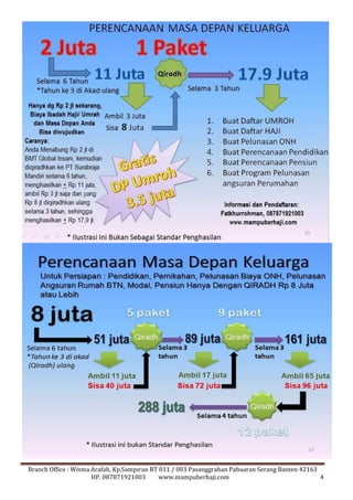Branch Office : Wisma Arafah, Kp.Sampiran RT 011 / 003 Pasanggrahan Pabuaran Serang Banten 42163 
HP. 087871921003 www.mampuberhaji.com 4 
 