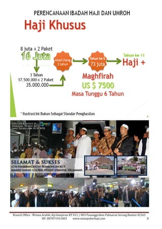 Branch Office : Wisma Arafah, Kp.Sampiran RT 011 / 003 Pasanggrahan Pabuaran Serang Banten 42163 
HP. 087871921003 www.mampuberhaji.com 8 
 
