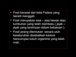 • Fosil berasal dari kata Fodere yang
berarti menggali.
• Fosil merupakan sisa – sisa hewan atau
tumbuhan yang telah membatu ( jejak –
jejak yang tersimpan dalam bebatuan ).
• Fosil jarang ditemukan secara utuh
keseluruhan disebabkan karena
hancurnyaa tubuh organime yang telah
mati.
 