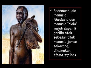 • Penemuan lain
manusia
Rhodesia dan
manusia “Solo”,
wajah seperti
gorilla otak
sebesar otak
manusia jaman
sekarang,
dinamakan
Homo sapiens.
 