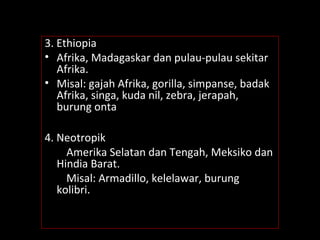 3. Ethiopia
• Afrika, Madagaskar dan pulau-pulau sekitar
Afrika.
• Misal: gajah Afrika, gorilla, simpanse, badak
Afrika, singa, kuda nil, zebra, jerapah,
burung onta
4. Neotropik
Amerika Selatan dan Tengah, Meksiko dan
Hindia Barat.
Misal: Armadillo, kelelawar, burung
kolibri.
 