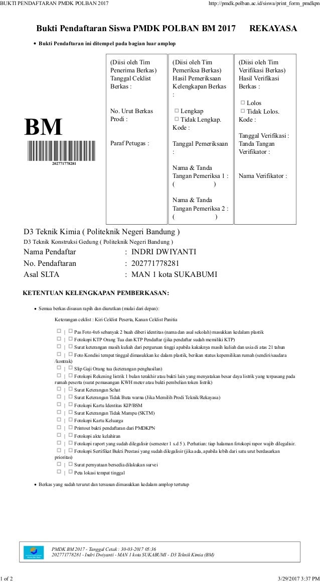 Bukti pendaftaran pmdk polban 2017 42