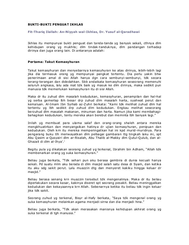 Bukti Penguat Ikhlas Dr Yusuf Qardhawi