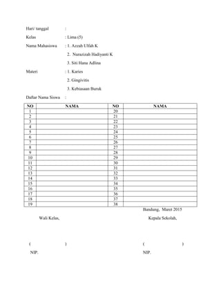 Hari/ tanggal :
Kelas : Lima (5)
Nama Mahasiswa : 1. Azzah Ulfah K
2. Nurazizah Hadiyanti K
3. Siti Hana Adlina
Materi : 1. Karies
2. Gingivitis
3. Kebiasaan Buruk
Daftar Nama Siswa :
NO NAMA NO NAMA
1 20
2 21
3 22
4 23
5 24
6 25
7 26
8 27
9 28
10 29
11 30
12 31
13 32
14 33
15 34
16 35
17 36
18 37
19 38
Bandung, Maret 2015
Wali Kelas, Kepala Sekolah,
( ) ( )
NIP. NIP.
 