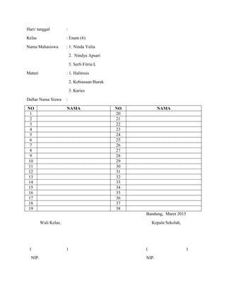 Hari/ tanggal :
Kelas : Enam (6)
Nama Mahasiswa : 1. Ninda Yulia
2. Nindya Apsari
3. Serli Fitria L
Materi : 1. Halitosis
2. Kebiasaan Buruk
3. Karies
Daftar Nama Siswa :
NO NAMA NO NAMA
1 20
2 21
3 22
4 23
5 24
6 25
7 26
8 27
9 28
10 29
11 30
12 31
13 32
14 33
15 34
16 35
17 36
18 37
19 38
Bandung, Maret 2015
Wali Kelas, Kepala Sekolah,
( ) ( )
NIP. NIP.
 