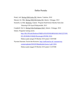 Daftar Pustaka
Priadi, Arif. Biologi SMA kelas XII. Jakarta: Yudistira. 2010
Maryati, Sri. Dkk. Biologi SMA/MA Kelas XII. Jakarta : Erlangga. 2012
Sumarlin, La Ode. Biokimia. Ciputat : Program Studi Kimia Fakultas Sains dan
Teknologi UIN Syarif Hidayatullah. 2013
Campbell, Neil A. Biologi Edisi Kedelapan Jilid I. Jakarta : Erlangga. 2010
Suhara. Pengantar tentang enzim.
http://file.UPI.edu/Direktori/FMIPA/JUR.PEND.BIOLOGI/196512271991
031-SUHARA/9.BAB-9Enzim.ppt.UPI.Pdf. 2014.
Diakses pada tanngal 29 Oktober 2014 pukul 13.00 WIB
Nyoman Suarsana. Enzim dan Koenzim. http://staff.unud.ac.id/~suarsana/wp-
content/uploads/2010/03/MataKuliah-Enzim-1.pdf. 2010.
Diakses pada tanggal 29 Oktober 2014 pukul 13.20 WIB
 