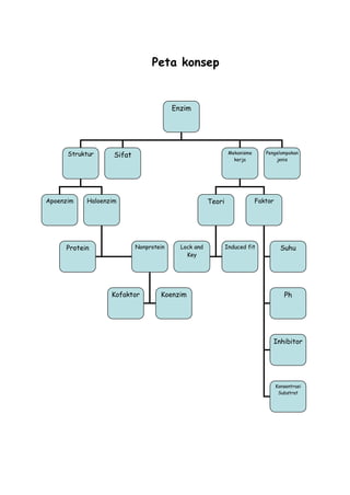 Enzim
Struktur Mekanisme
kerja
Apoenzim Haloenzim
Pengelompokan
jenis
Teori Faktor
Protein Nonprotein
Kofaktor Koenzim
Lock and
Key
Induced fit Suhu
Konsentrasi
Substrat
Inhibitor
Ph
Sifat
Peta konsep
 