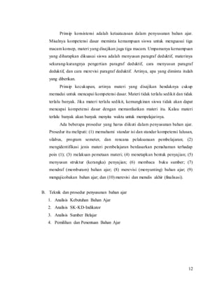12
Prinsip konsistensi adalah ketaatazasan dalam penyusunan bahan ajar.
Misalnya kompetensi dasar meminta kemampuan siswa untuk menguasai tiga
macam konsep, materi yang disajikan juga tiga macam. Umpamanya kemampuan
yang diharapkan dikuasai siswa adalah menyusun paragraf deduktif, materinya
sekurang-kurangnya pengertian paragraf deduktif, cara menyusun paragraf
deduktif, dan cara merevisi paragraf deduktif. Artinya, apa yang diminta itulah
yang diberikan.
Prinsip kecukupan, artinya materi yang disajikan hendaknya cukup
memadai untuk mencapai kompetensi dasar. Materi tidak terlalu sedikit dan tidak
terlalu banyak. Jika materi terlalu sedikit, kemungkinan siswa tidak akan dapat
mencapai kompetensi dasar dengan memanfaatkan materi itu. Kalau materi
terlalu banyak akan banyak menyita waktu untuk mempelajarinya.
Ada beberapa prosedur yang harus diikuti dalam penyusunan bahan ajar.
Prosedur itu meliputi: (1) memahami standar isi dan standar kompetensi lulusan,
silabus, program semeter, dan rencana pelaksanaan pembelajaran; (2)
mengidentifikasi jenis materi pembelajaran berdasarkan pemahaman terhadap
poin (1); (3) melakuan pemetaan materi; (4) menetapkan bentuk penyajian; (5)
menyusun struktur (kerangka) penyajian; (6) membaca buku sumber; (7)
mendraf (memburam) bahan ajar; (8) merevisi (menyunting) bahan ajar; (9)
mengujicobakan bahan ajar; dan (10) merevisi dan menulis akhir (finalisasi).
B. Teknik dan prosedur penyusunan bahan ajar
1. Analisis Kebutuhan Bahan Ajar
2. Analisis SK-KD-Indikator
3. Analisis Sumber Belajar
4. Pemilihan dan Penentuan Bahan Ajar
 
