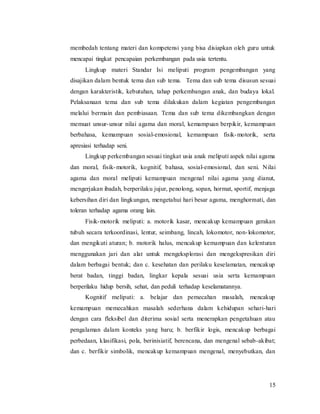 15
membedah tentang materi dan kompetensi yang bisa disiapkan oleh guru untuk
mencapai tingkat pencapaian perkembangan pada usia tertentu.
Lingkup materi Standar Isi meliputi program pengembangan yang
disajikan dalam bentuk tema dan sub tema. Tema dan sub tema disusun sesuai
dengan karakteristik, kebutuhan, tahap perkembangan anak, dan budaya lokal.
Pelaksanaan tema dan sub tema dilakukan dalam kegiatan pengembangan
melalui bermain dan pembiasaan. Tema dan sub tema dikembangkan dengan
memuat unsur-unsur nilai agama dan moral, kemampuan berpikir, kemampuan
berbahasa, kemampuan sosial-emosional, kemampuan fisik-motorik, serta
apresiasi terhadap seni.
Lingkup perkembangan sesuai tingkat usia anak meliputi aspek nilai agama
dan moral, fisik-motorik, kognitif, bahasa, sosial-emosional, dan seni. Nilai
agama dan moral meliputi kemampuan mengenal nilai agama yang dianut,
mengerjakan ibadah, berperilaku jujur, penolong, sopan, hormat, sportif, menjaga
kebersihan diri dan lingkungan, mengetahui hari besar agama, menghormati, dan
toleran terhadap agama orang lain.
Fisik-motorik meliputi: a. motorik kasar, mencakup kemampuan gerakan
tubuh secara terkoordinasi, lentur, seimbang, lincah, lokomotor, non-lokomotor,
dan mengikuti aturan; b. motorik halus, mencakup kemampuan dan kelenturan
menggunakan jari dan alat untuk mengeksplorasi dan mengekspresikan diri
dalam berbagai bentuk; dan c. kesehatan dan perilaku keselamatan, mencakup
berat badan, tinggi badan, lingkar kepala sesuai usia serta kemampuan
berperilaku hidup bersih, sehat, dan peduli terhadap keselamatannya.
Kognitif meliputi: a. belajar dan pemecahan masalah, mencakup
kemampuan memecahkan masalah sederhana dalam kehidupan sehari-hari
dengan cara fleksibel dan diterima sosial serta menerapkan pengetahuan atau
pengalaman dalam konteks yang baru; b. berfikir logis, mencakup berbagai
perbedaan, klasifikasi, pola, berinisiatif, berencana, dan mengenal sebab-akibat;
dan c. berfikir simbolik, mencakup kemampuan mengenal, menyebutkan, dan
 